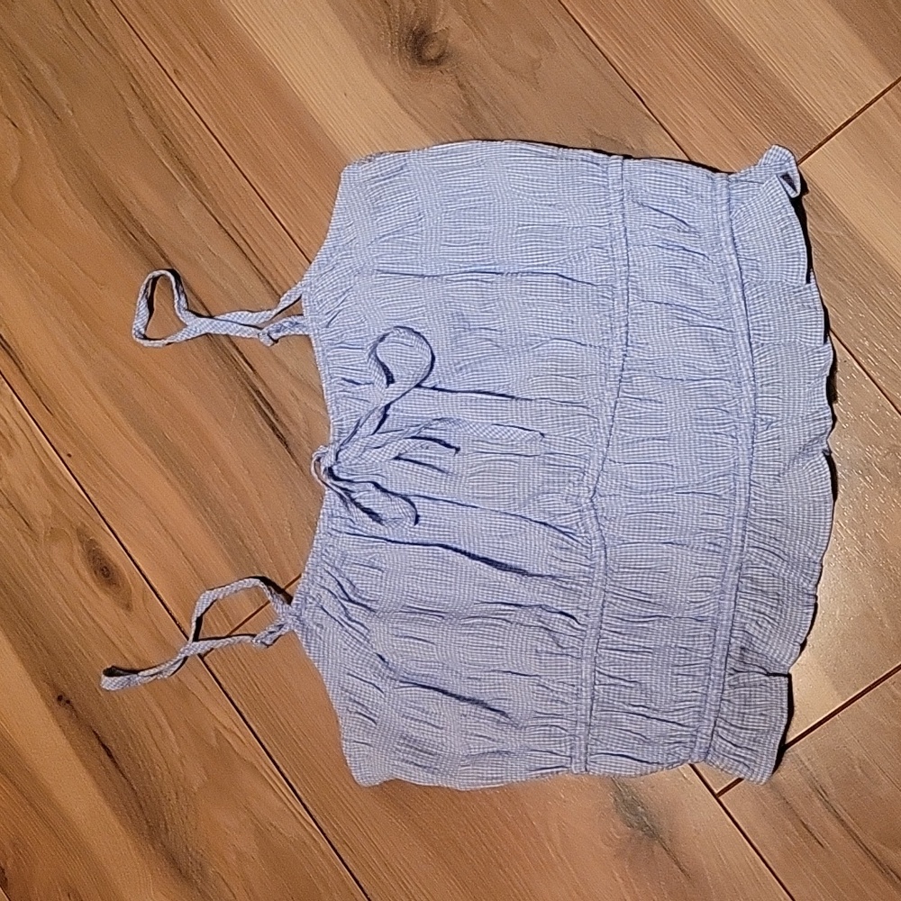 NWT Shinestar Women's Crop Tank Top Peasant Light Blue Checked